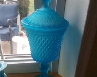 Indiana Glass blue satin diamond point candy jar