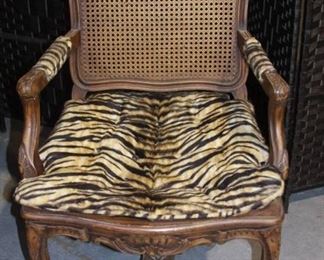 Antique Cane Back Hand Carved Reupholstered Arm Chair