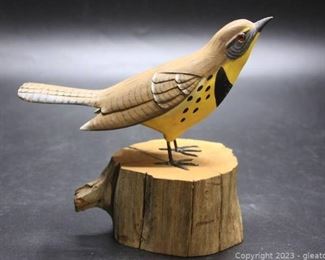 Hand Painted Carved Bird on Wooden Platform