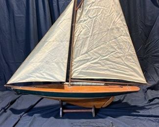 Large Vintage Wood Boat Model on Wood Stand