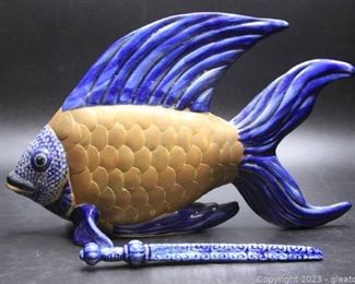 Mid Century Mixed Metal and Pottery Fish Sculpture and Glazed Pottery Piece