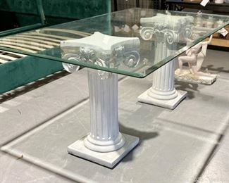 Rectangular Glass Top Table with White Pillar Column Pedestal Base