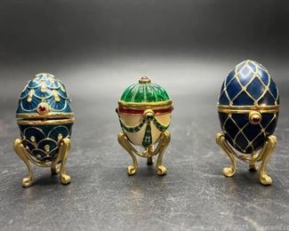 Three Jeweled Gold Gilded Miniature Trinket Boxes