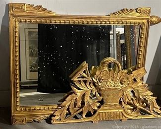 Vintage Gold Toned Framed Wall Mirror with Top Decorative Piece