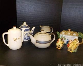 5 Varied Teapots and Turkey Shaped SP Shakers Vintage