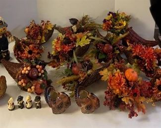 Autumn Themed Decor Including Cornucopias and Ceramic Turkeys
