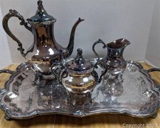 Reed and Barton Tara Hall Coffee Sugar and Creamer Plus Large Eton Silverplated Tray