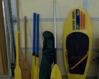 Water Devil Knee Ski Board Tunnel Board Assortment of Paddles and a Folding Chair