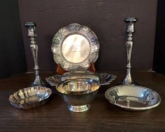 Weighted Silver Candlesticks Ornate Towle Butter Dish with Sheffield Knife and More