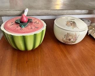 Watermelon soup, terrine, and vintage covered bowl
