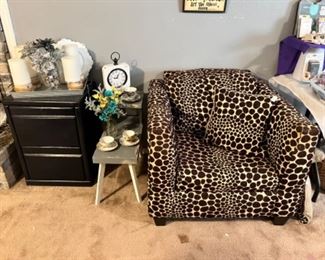 Animal print side chair, small two tier side table, black, two drawer file cabinet