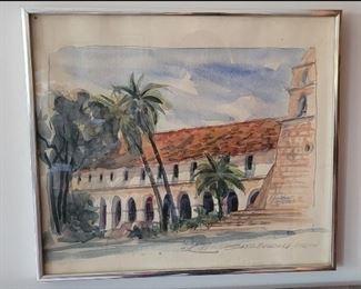 Watercolor of Santa Barbara Mission by John Klippenstein SOLD