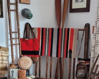 Wooden ladders old. Etching sold. Blanket sold. Mobilgas sign sold. Satchels sold.
