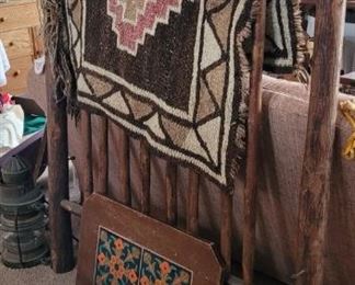 Log bed, tile table top (no base), Mexico rugs SOLD