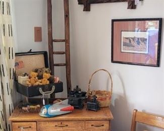 Ladder SOLD. Rocket SOLD. Some toys in suitcase SOLD.