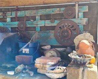 Cool old metal work and teal green wooden fence section