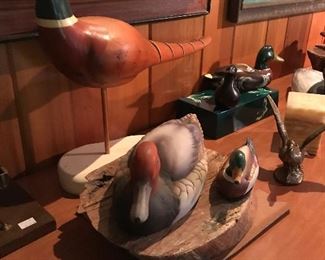 Ceramic porcelain, carved wooden ducks few signed.