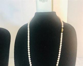  30 in Mikimoto  pearls with 18K Gold Clasp. , original box & paperwork.