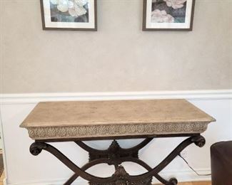 Console table/entry table. Framed art