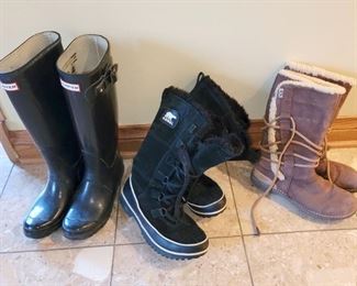Hunter rain boots. Sorel winter boots. Uggs