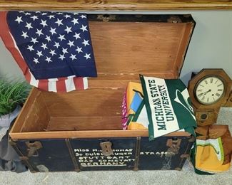 Vintage wood foot locker. Vintage clock