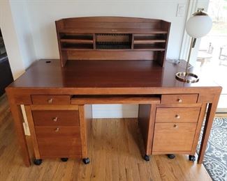 Solid wood computer desk with two pull out file cabinets