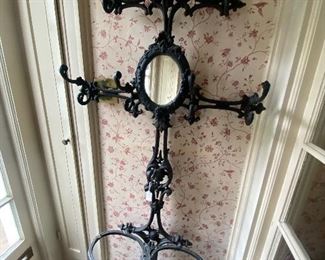 Cast iron front entry coat rack and umbrella stand with mirror