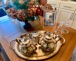 Silverplate coffee service, Waterford frame and candlesticks