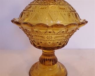 Vintage Amber Glass Pedestal Covered Candy Dish