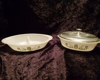 Vintage Glasbake Daisy Pattern Divided Oval Serving Dish and Oval Casserole Dish