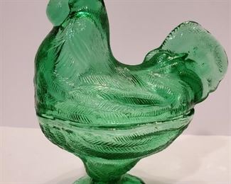 Green Glass Rooster Candy Dish