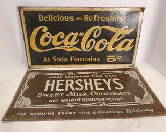 Tin Coca-Cola and Hershey Signs
