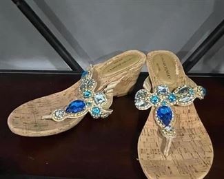 Wedge sandals with blue rhinestones,  Size 6,  was $14, NOW $9