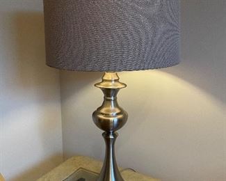 Silver lamp w/grey shade,  $27"H,  was $34, NOW $24