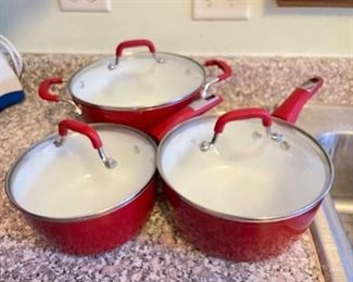 Bialetti Aeternum Nonstick White Ceramic Cookware, Sauce pans w/ lids, Red & White, $35