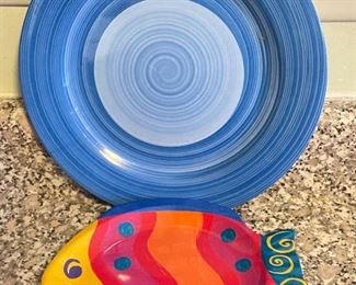 Melamine blue plate and 4 fish plates,  was $4, NOW $2