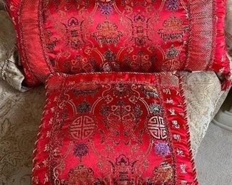 Satin Asian red pillows,  was $20, NOW $12