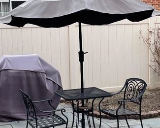 2 chair patio table, umbrella and umbrella stand,  was $195, NOW $99