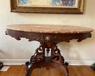 Victorian era carved wood console, rose marble top. 
