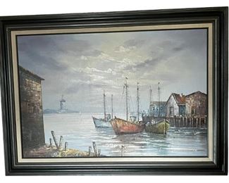 Framed Sailboats Landscape Canvas Painting