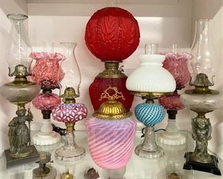 Oil lamps including; Hobbs, Fenton, figural composite, hall lamps, globes/shades and more.