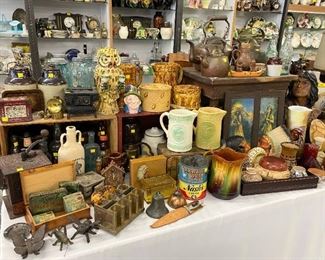 Stoneware milk pitchers, Bennington pottery, antique tins/bottles.