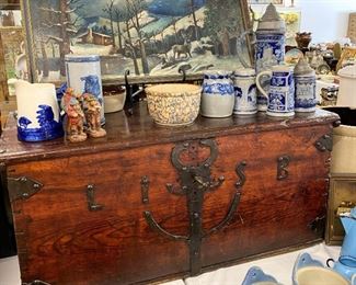 Large antique trunk with hand forged metalwork 