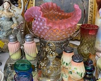 Hobbs Rubina Verde hobnail brides basket, Mt. Washington salt and pepper, 