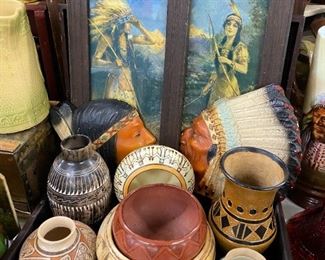 1930's Native American lithographs, Southwest pottery