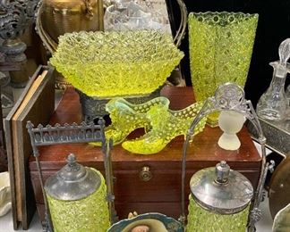 Vaseline glass brides basket, pickle castors, vase 