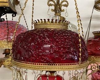 Cranberry glass hanging oil lamp 