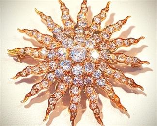 Sunburst 14k gold brooch with diamonds 