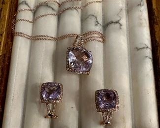 Pink Amethyst and Diamonds Pendant on 14KT Rose GOLD Necklace with Matching Earrings