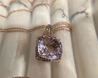 Pink Amethyst and Diamonds Pendant on 14KT Rose GOLD Necklace with Matching Earrings